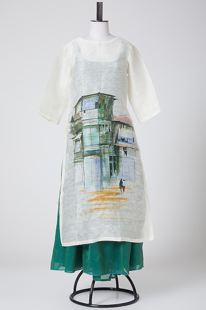 White & Green Hand Painted Kurta Set by CLOS at Pernia's Pop Up Shop