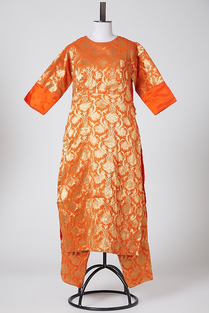 Orange Brocade Silk Kurta Set by CLOS