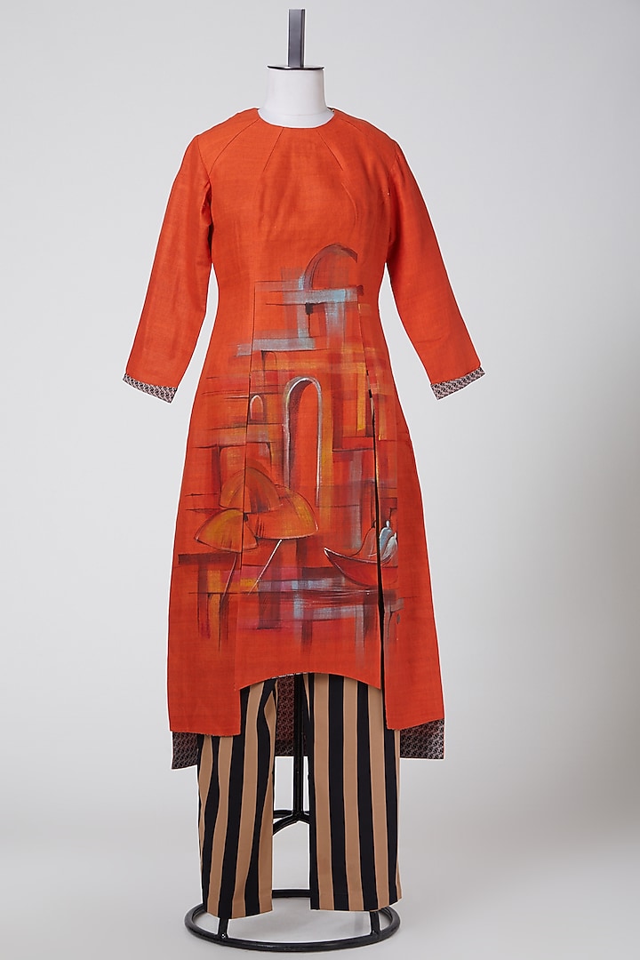 Orange Hand Painted Kurta With Printed Pants by CLOS at Pernia's Pop Up Shop