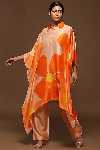 Light Orange Dupion Silk Kaftan Set by CLOS