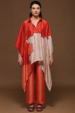 Pastel Red & Orangish Red Kaftan Tunic Set by CLOS