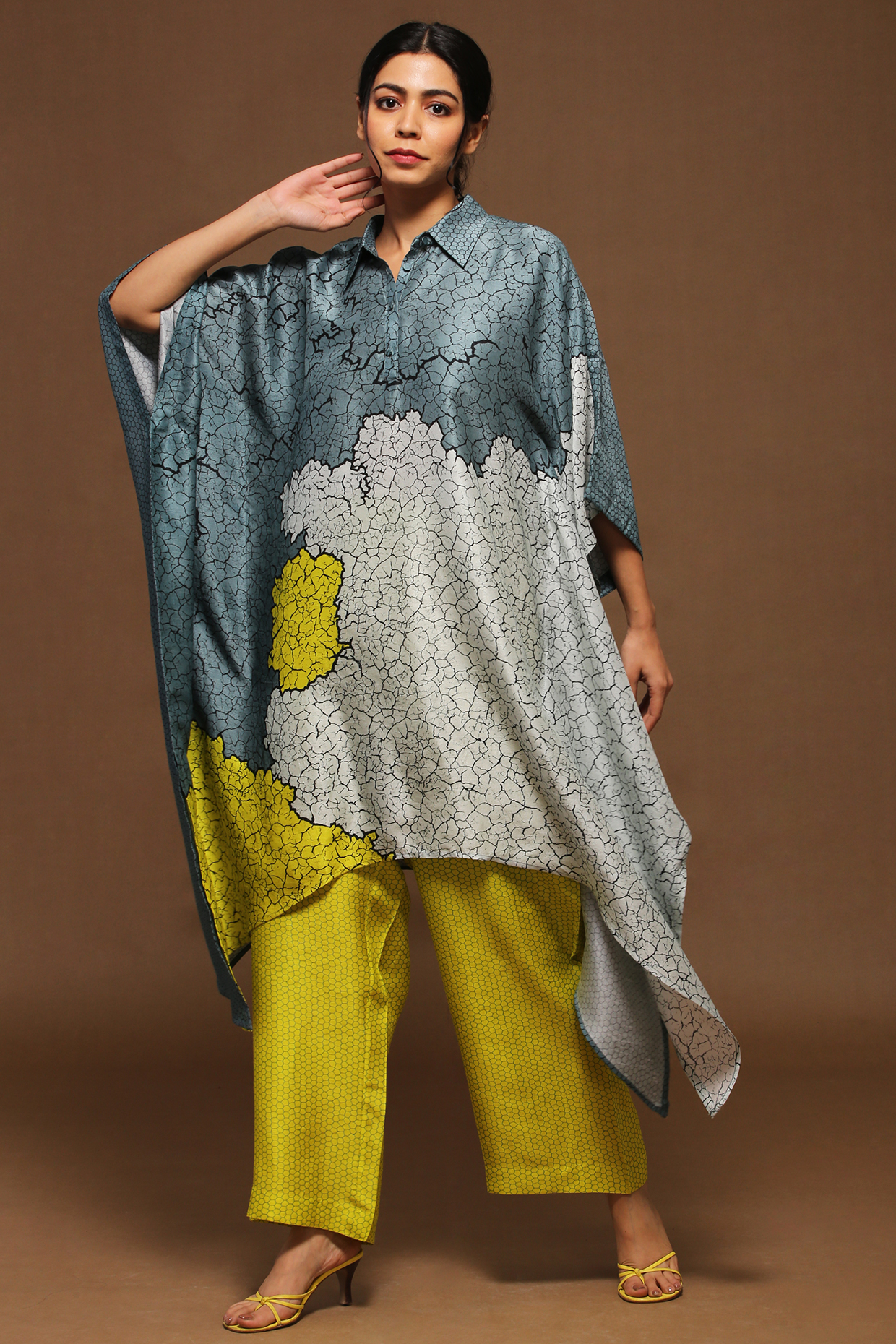 Gothic Blue & Lime Dupion Silk Kaftan Set by CLOS at Pernia's Pop Up Shop