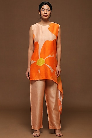 Light Orange Dupion Silk Tunic Set by CLOS