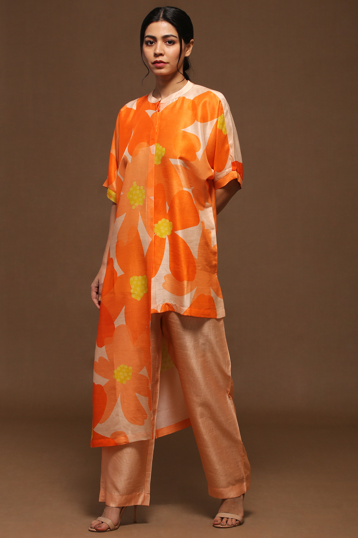 Light Orange Dupion Silk Pleated Tunic Set by CLOS at Pernia's Pop Up Shop