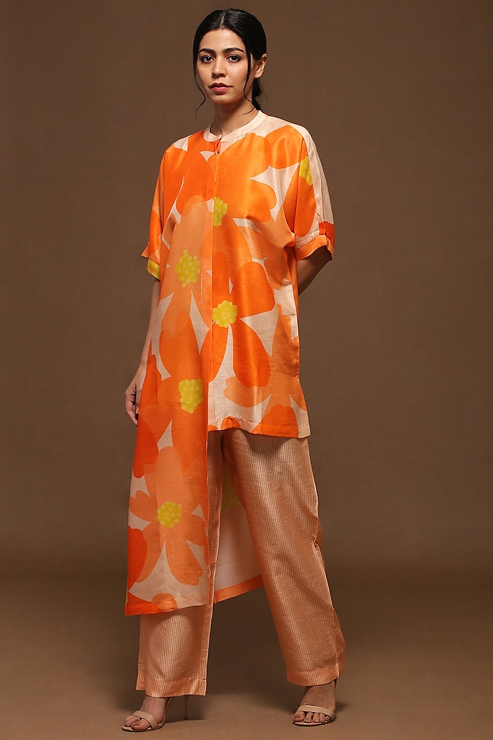 Light Orange Dupion Silk Pleated Tunic Set by CLOS at Pernia's Pop Up Shop