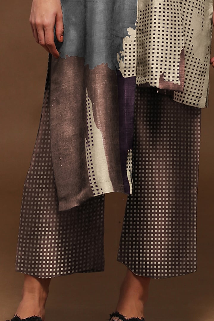 Sand Brown & Grey Dupion Silk Pleated Tunic Set by CLOS at Pernia's Pop Up Shop