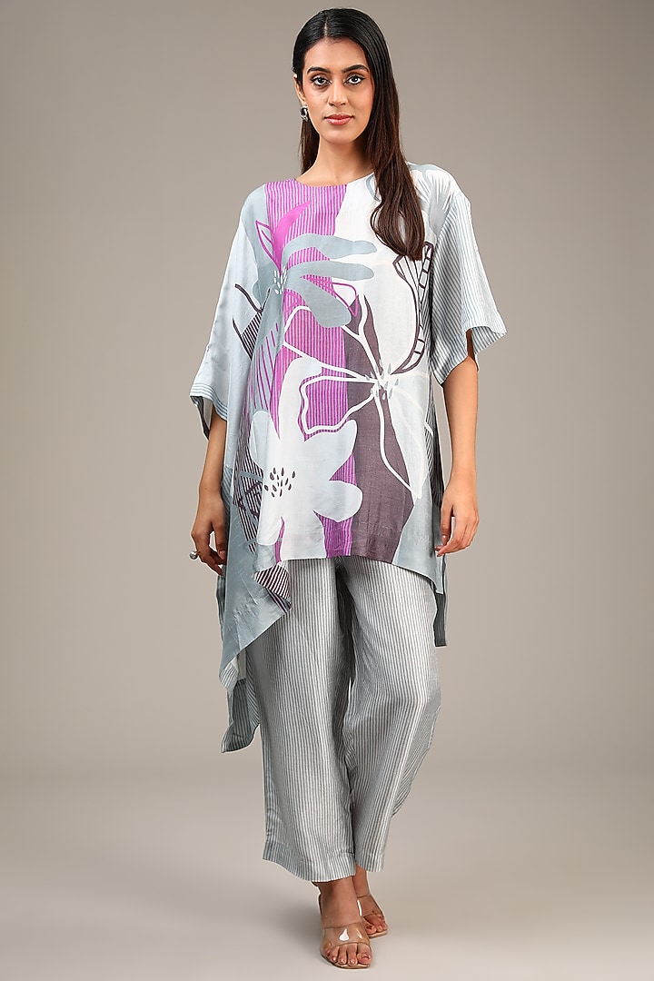 Grey Dupion Silk Floral Printed Co-Ord Set by CLOS at Pernia's Pop Up Shop