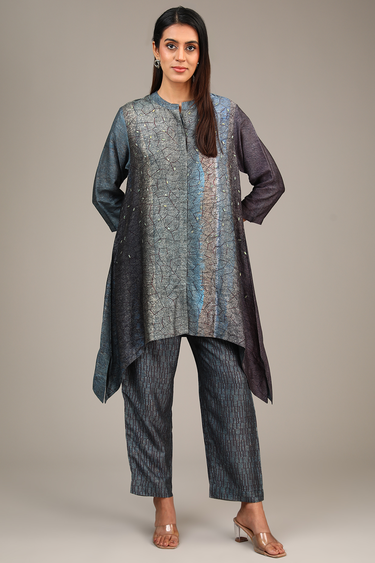 Grey Dupion Silk Geometric Printed Co-Ord Set by CLOS at Pernia's Pop Up Shop