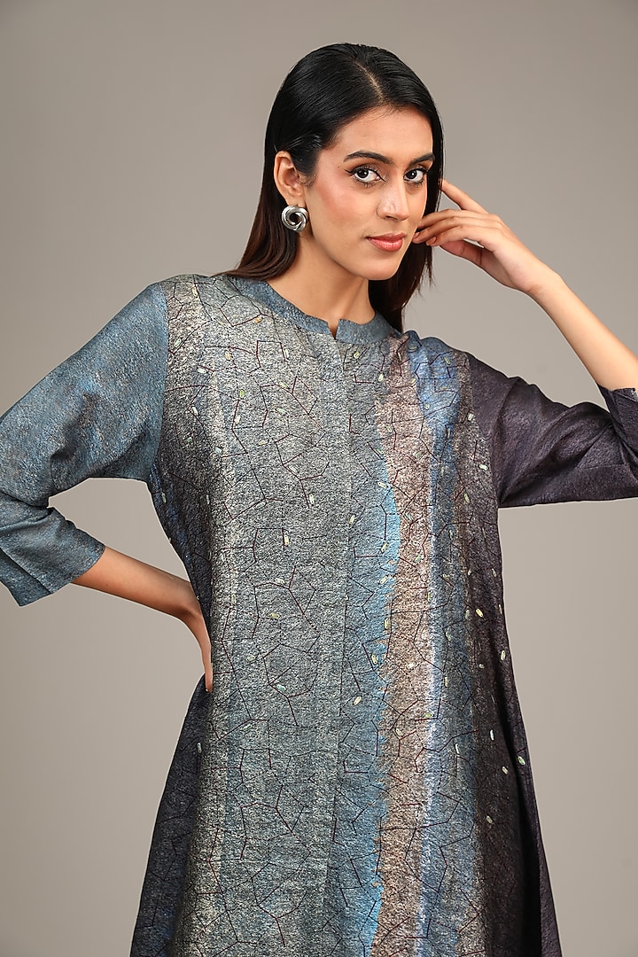 Grey Dupion Silk Geometric Printed Co-Ord Set by CLOS at Pernia's Pop Up Shop