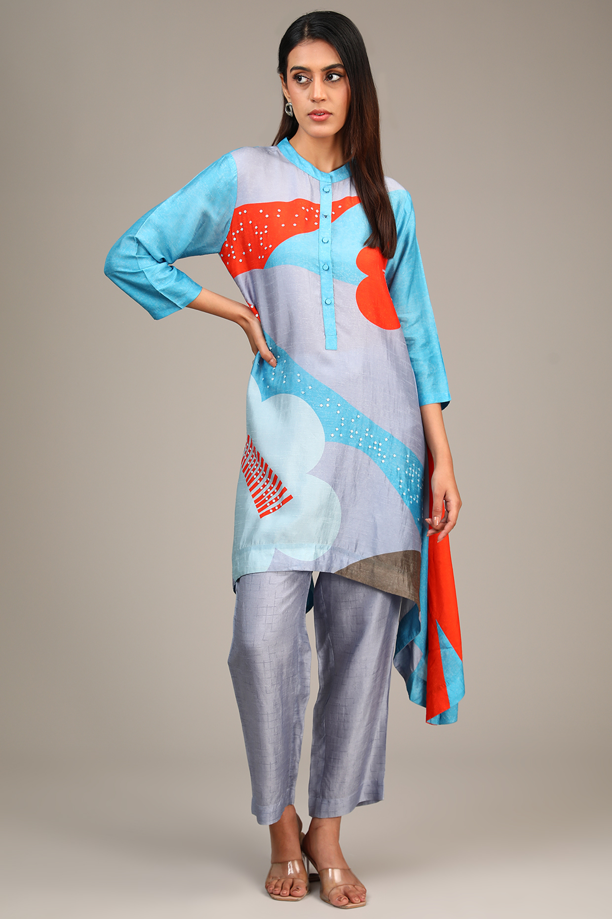 Blue Dupion Silk Geometric Printed Co-Ord Set by CLOS at Pernia's Pop Up Shop
