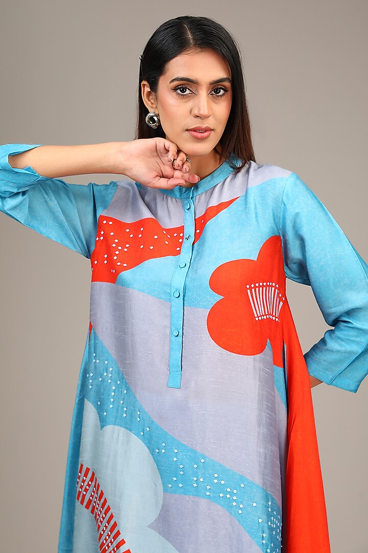 Blue Dupion Silk Geometric Printed Co-Ord Set by CLOS at Pernia's Pop Up Shop