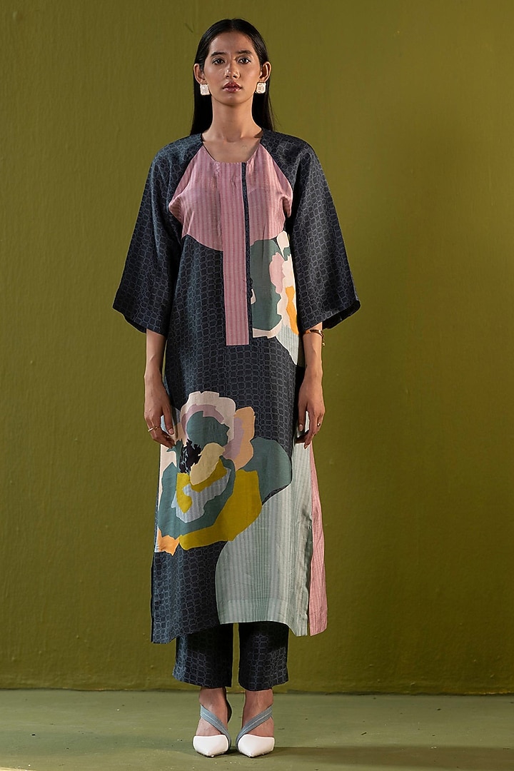 Charcoal Black Dupion Silk Floral Printed Tunic Set by CLOS at Pernia's Pop Up Shop