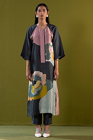 Charcoal Black Dupion Silk Floral Printed Tunic Set by CLOS