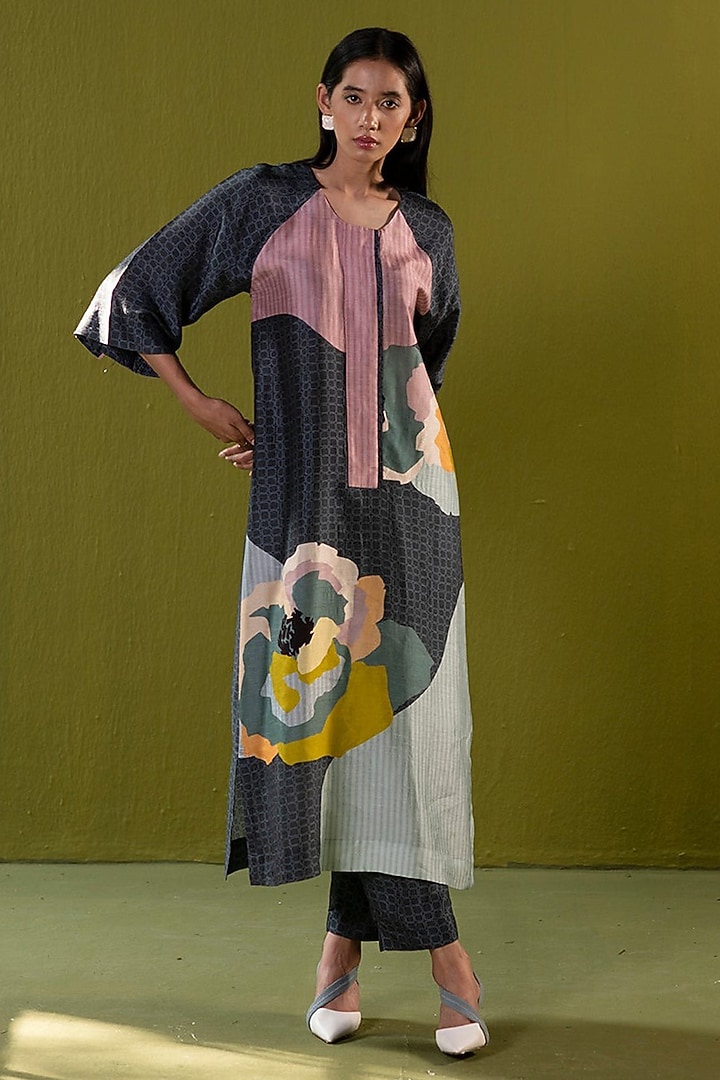 Charcoal Black Dupion Silk Floral Printed Tunic Set by CLOS at Pernia's Pop Up Shop