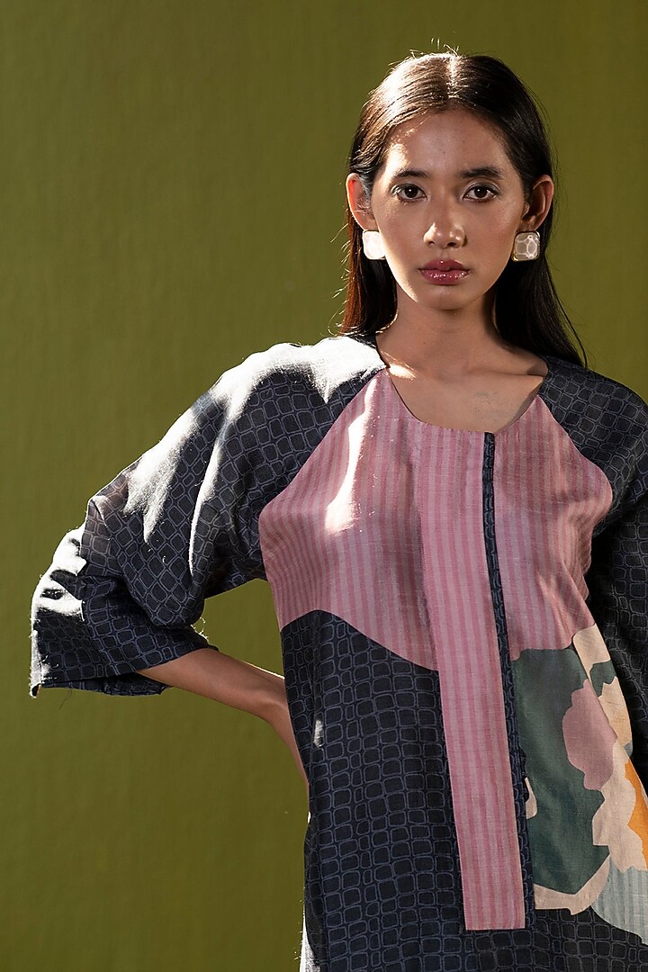 Charcoal Black Dupion Silk Floral Printed Tunic Set by CLOS at Pernia's Pop Up Shop