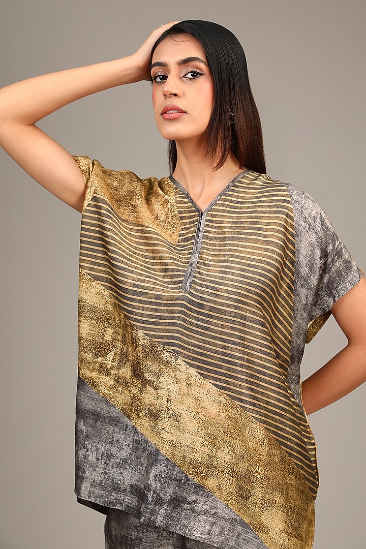 Grey Dupion Silk Geometric Printed Co-Ord Set by CLOS at Pernia's Pop Up Shop