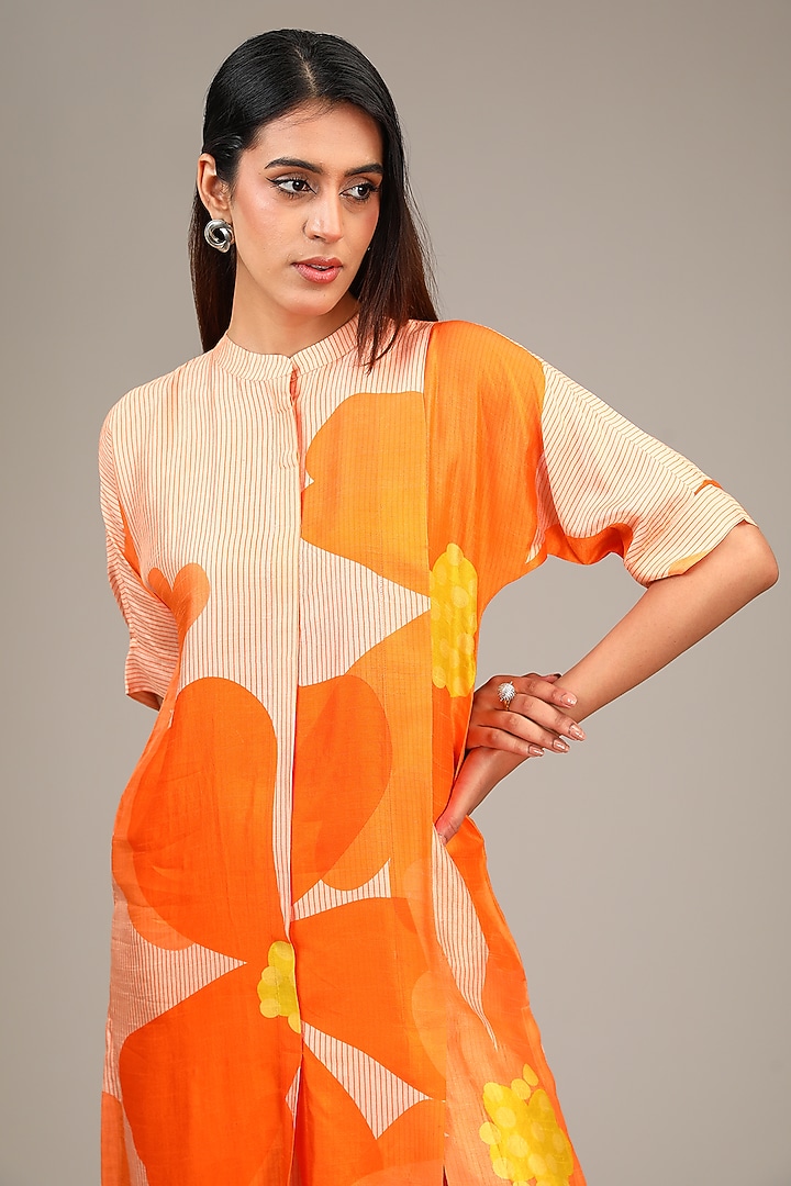 Orange Dupion Silk Floral Printed Tunic Set by CLOS at Pernia's Pop Up Shop