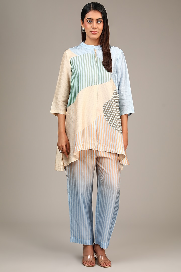 Blue Dupion Silk Geometric Printed Co-Ord Set by CLOS at Pernia's Pop Up Shop