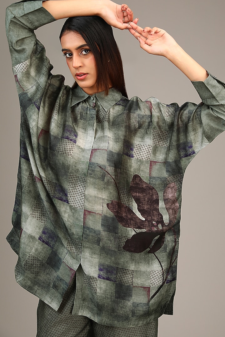 Grey Dupion Silk Geometric Printed Co-Ord Set by CLOS at Pernia's Pop Up Shop