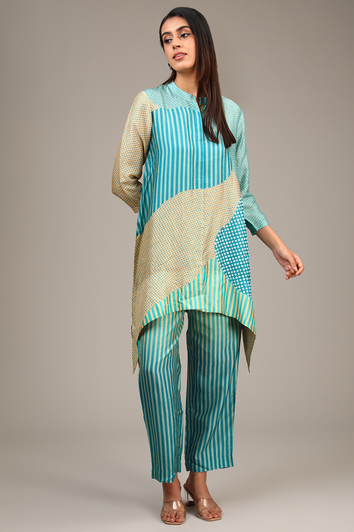 Blue Dupion Silk Geometric Printed Co-Ord Set by CLOS at Pernia's Pop Up Shop