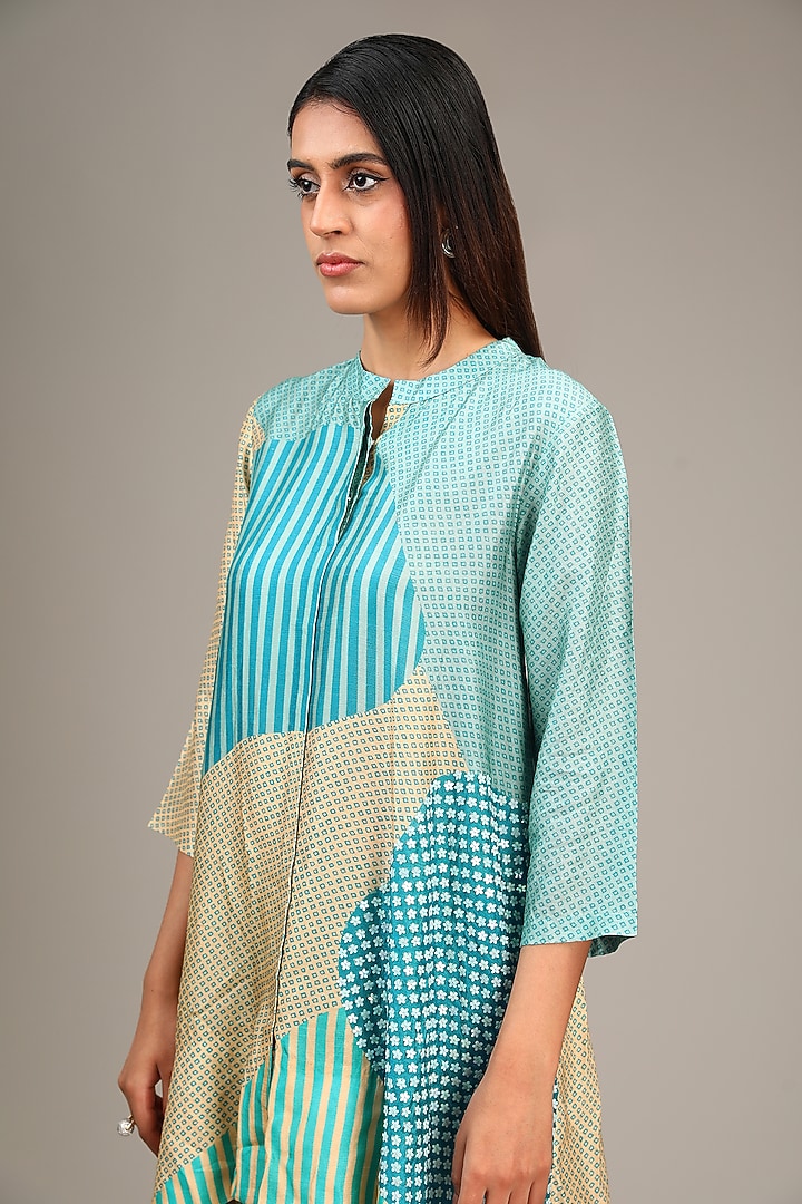Blue Dupion Silk Geometric Printed Co-Ord Set by CLOS at Pernia's Pop Up Shop