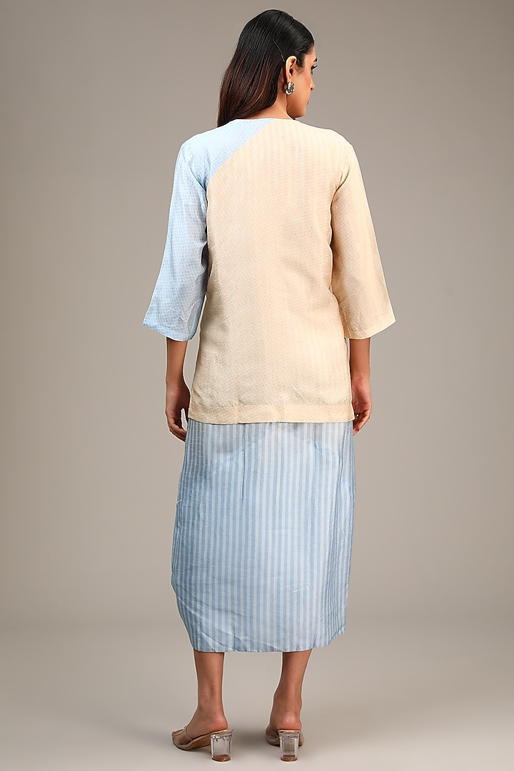 Blue Dupion Silk Asymmetric Tulip-Cut Jacket Vacation Dress by CLOS at Pernia's Pop Up Shop