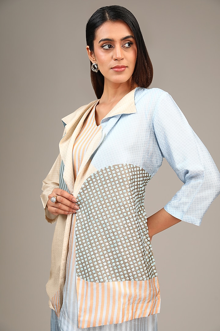 Blue Dupion Silk Asymmetric Tulip-Cut Jacket Vacation Dress by CLOS at Pernia's Pop Up Shop