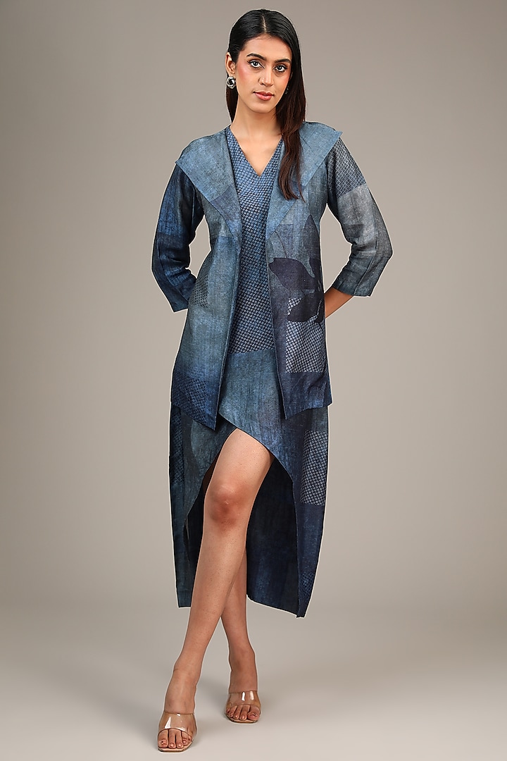 Blue Dupion Silk Asymmetric Tulip-Cut Jacket Dress by CLOS