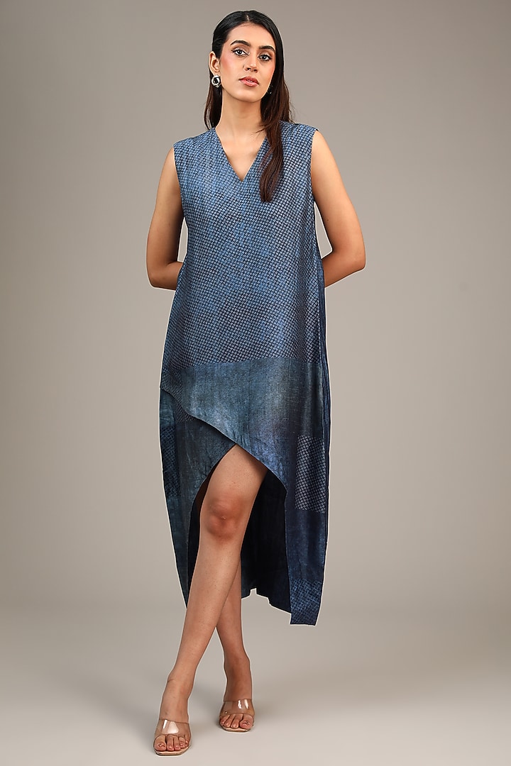 Blue Dupion Silk Asymmetric Tulip-Cut Jacket Vacation Dress by CLOS at Pernia's Pop Up Shop