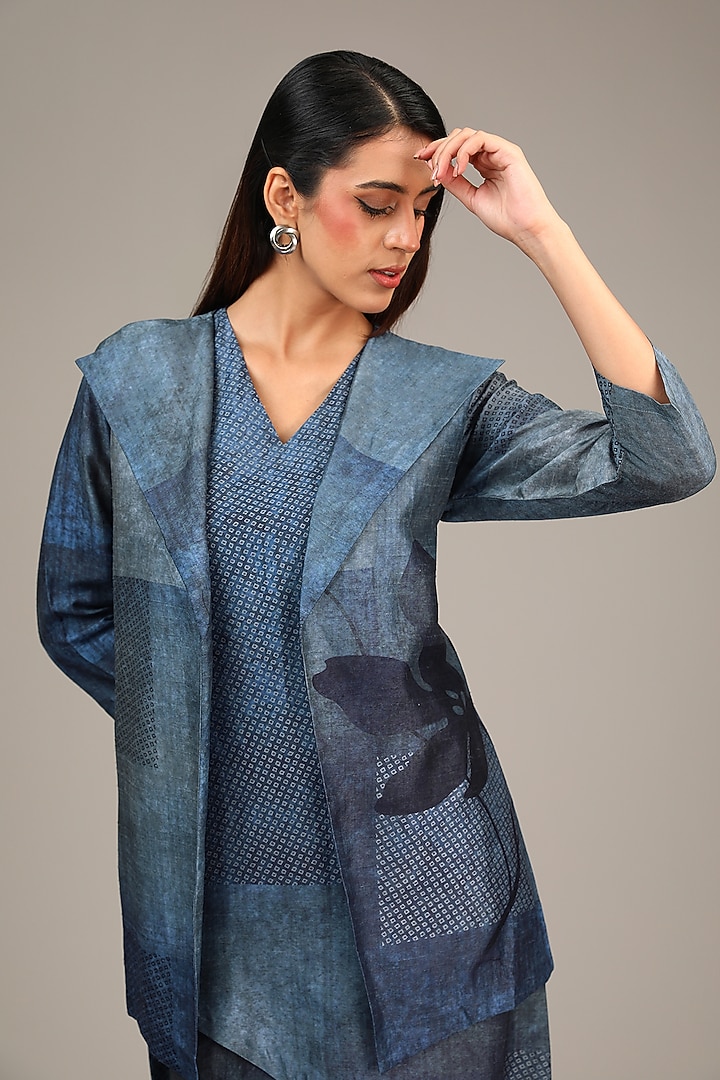Blue Dupion Silk Asymmetric Tulip-Cut Jacket Vacation Dress by CLOS at Pernia's Pop Up Shop