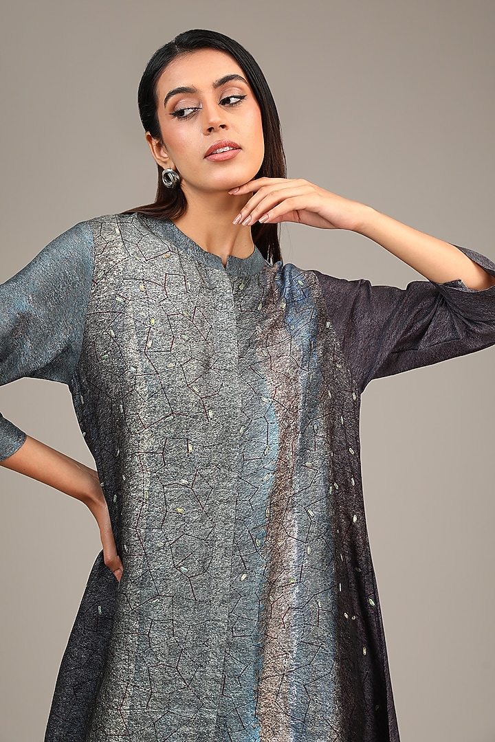 Grey Dupion Silk Geometric Printed Co-Ord Set by CLOS at Pernia's Pop Up Shop