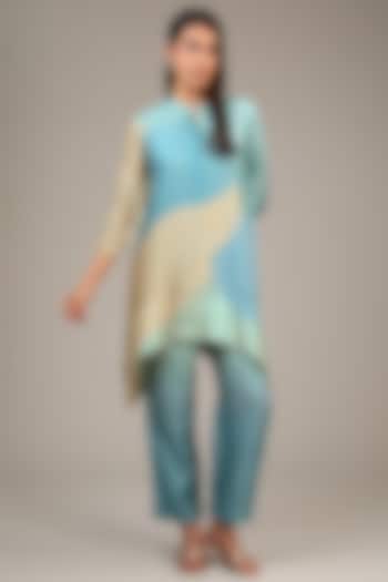 Blue Dupion Silk Geometric Printed Co-Ord Set by CLOS at Pernia's Pop Up Shop