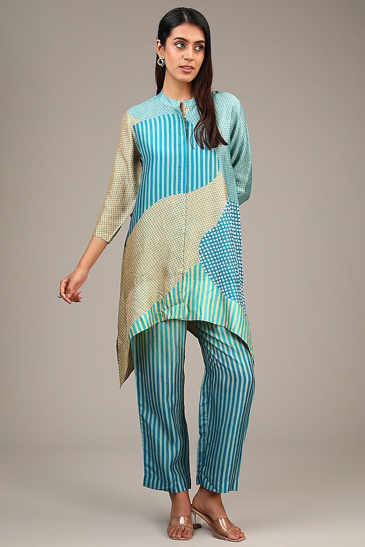 Blue Dupion Silk Geometric Printed Co-Ord Set by CLOS at Pernia's Pop Up Shop