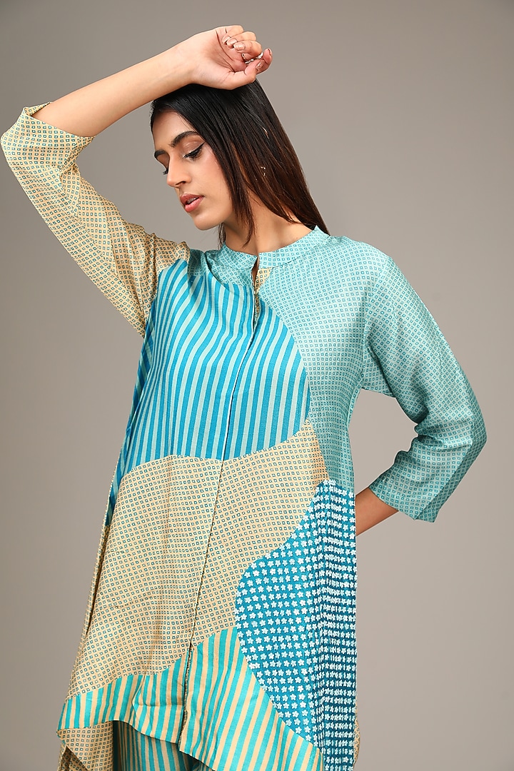 Blue Dupion Silk Geometric Printed Co-Ord Set by CLOS at Pernia's Pop Up Shop