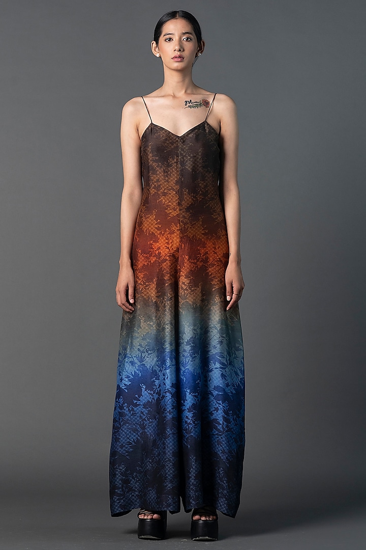 Brown & Blue Dupion Silk Autumn Printed Jumpsuit by CLOS