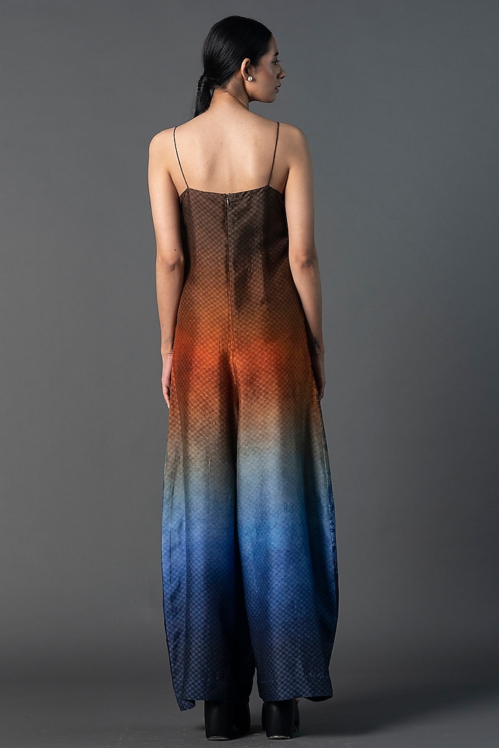 Brown & Blue Dupion Silk Autumn Printed Jumpsuit by CLOS at Pernia's Pop Up Shop