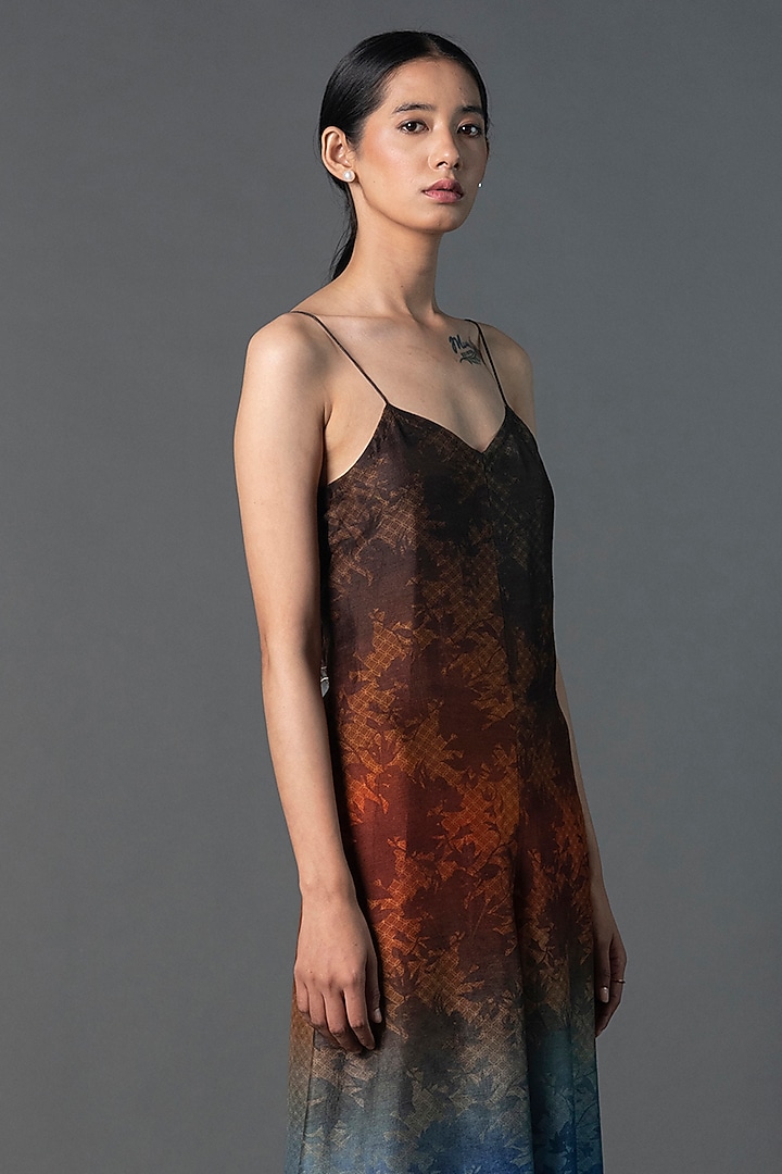 Brown & Blue Dupion Silk Autumn Printed Jumpsuit by CLOS at Pernia's Pop Up Shop