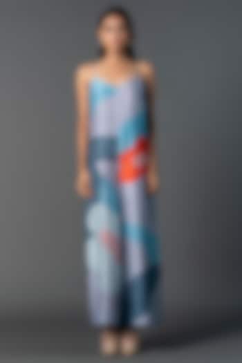 Light Blue Dupion Silk Geometric Floral Printed Jumpsuit by CLOS