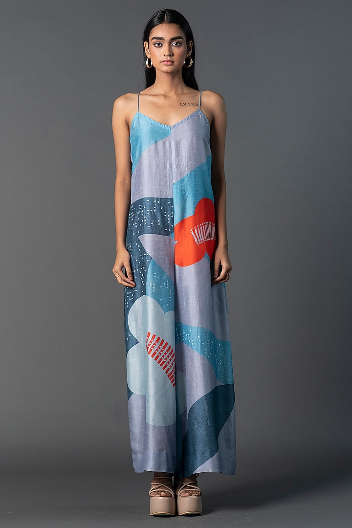 Light Blue Dupion Silk Geometric Floral Printed Jumpsuit by CLOS