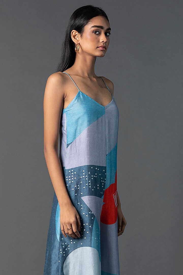 Light Blue Dupion Silk Geometric Floral Printed Jumpsuit by CLOS at Pernia's Pop Up Shop