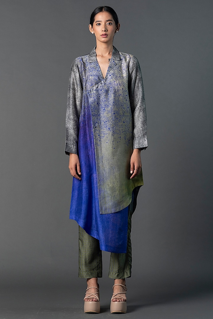 Grey & Blue Dupion Silk Asymmetric Printed Tunic Set by CLOS