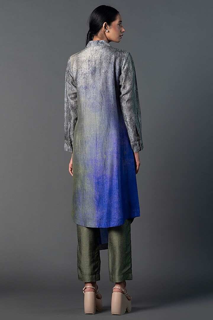 Grey & Blue Dupion Silk Asymmetric Printed Tunic Set by CLOS at Pernia's Pop Up Shop