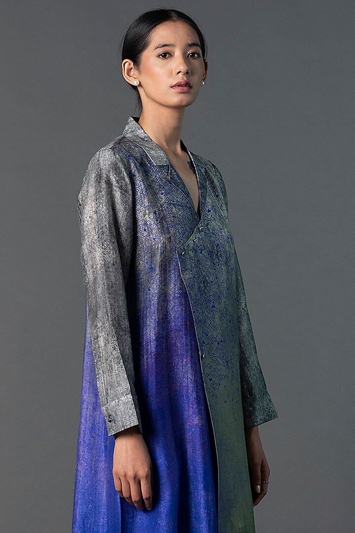 Grey & Blue Dupion Silk Asymmetric Printed Tunic Set by CLOS at Pernia's Pop Up Shop