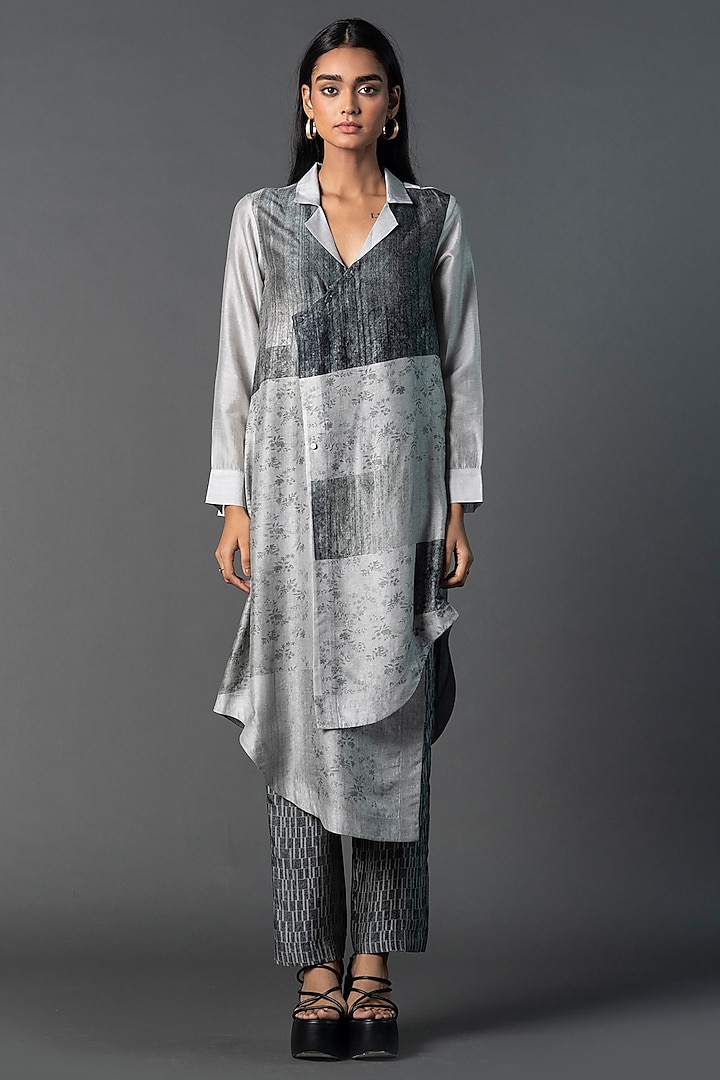 Black & Silver Dupion Silk Asymmetric Printed Tunic Set by CLOS