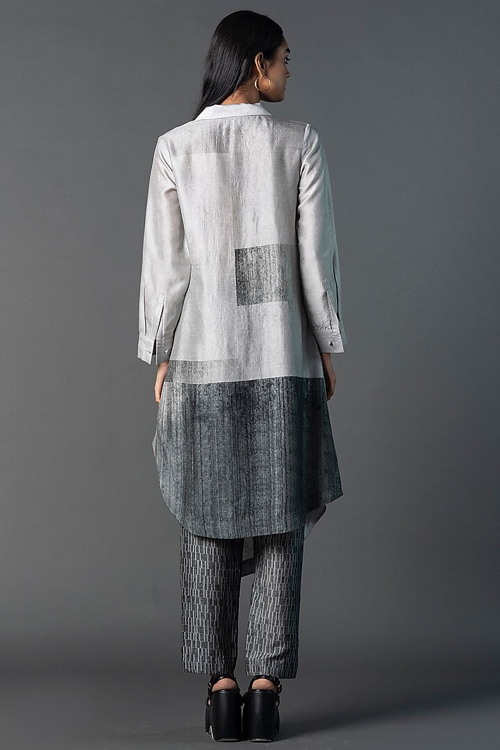 Black & Silver Dupion Silk Asymmetric Printed Tunic Set by CLOS at Pernia's Pop Up Shop