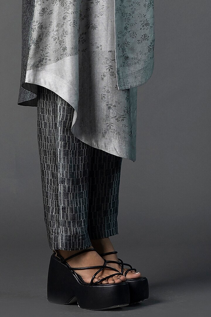 Black & Silver Dupion Silk Asymmetric Printed Tunic Set by CLOS at Pernia's Pop Up Shop