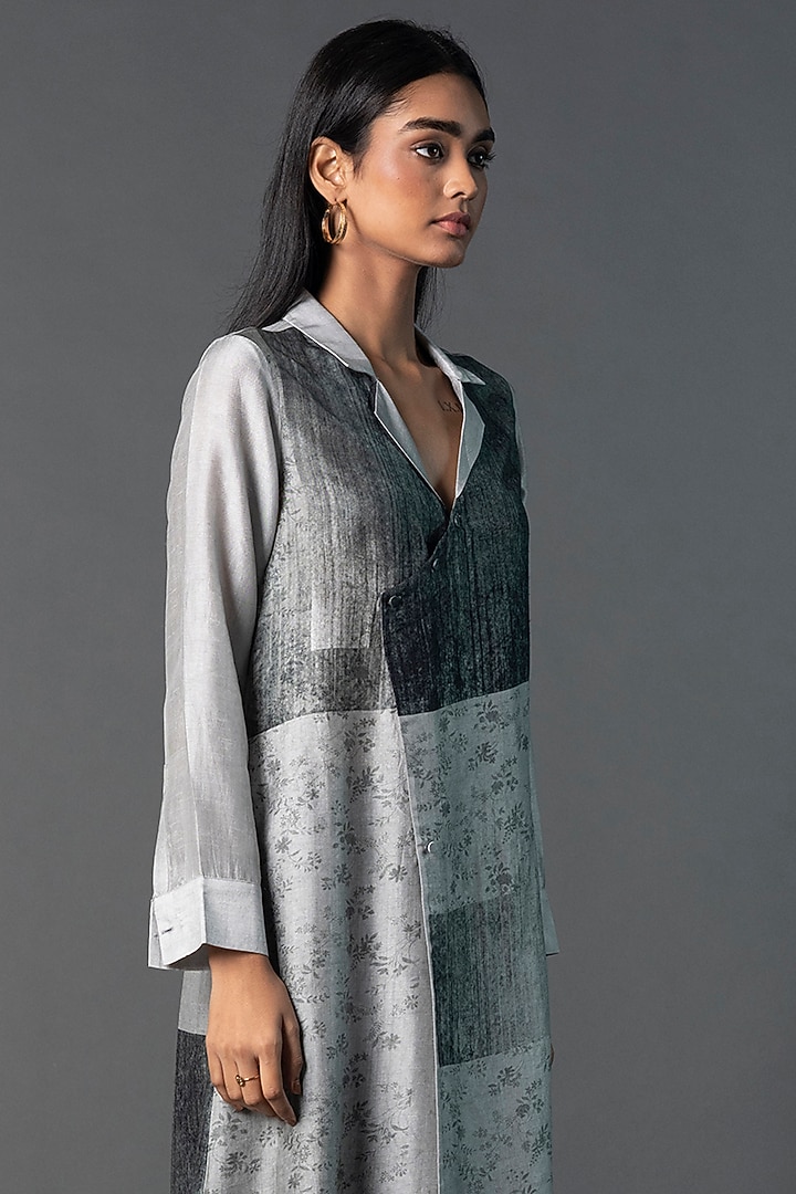 Black & Silver Dupion Silk Asymmetric Printed Tunic Set by CLOS at Pernia's Pop Up Shop