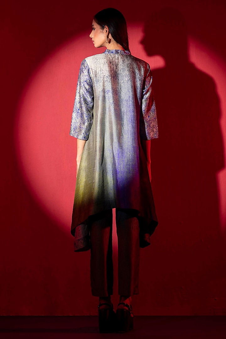 Grey & Blue Dupion Silk Printed Tunic Set by CLOS at Pernia's Pop Up Shop
