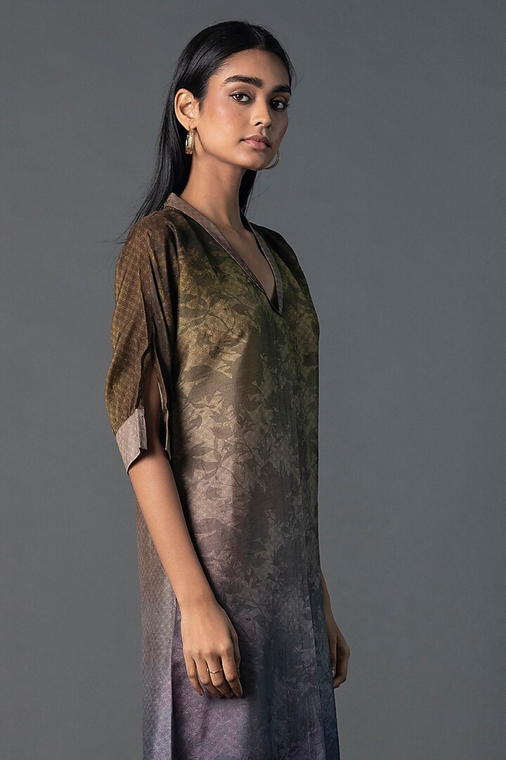 Brown & Purple Dupion Silk Ombre Printed Straight Kurta by CLOS at Pernia's Pop Up Shop