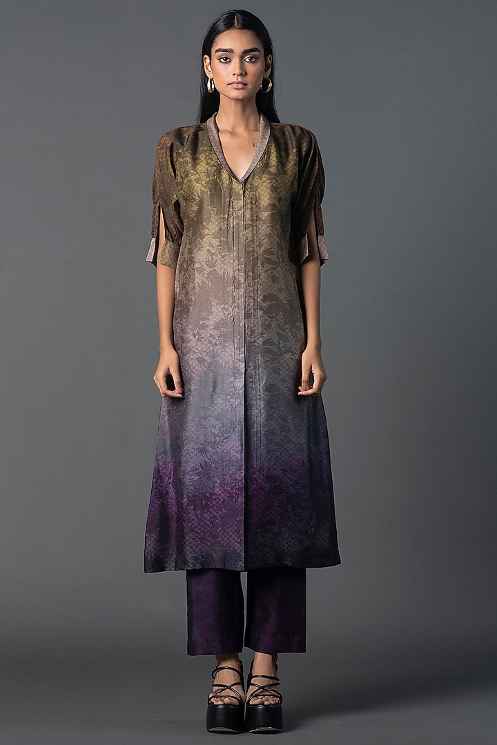 Brown & Purple Dupion Silk Printed A-Line Kurta Set by CLOS